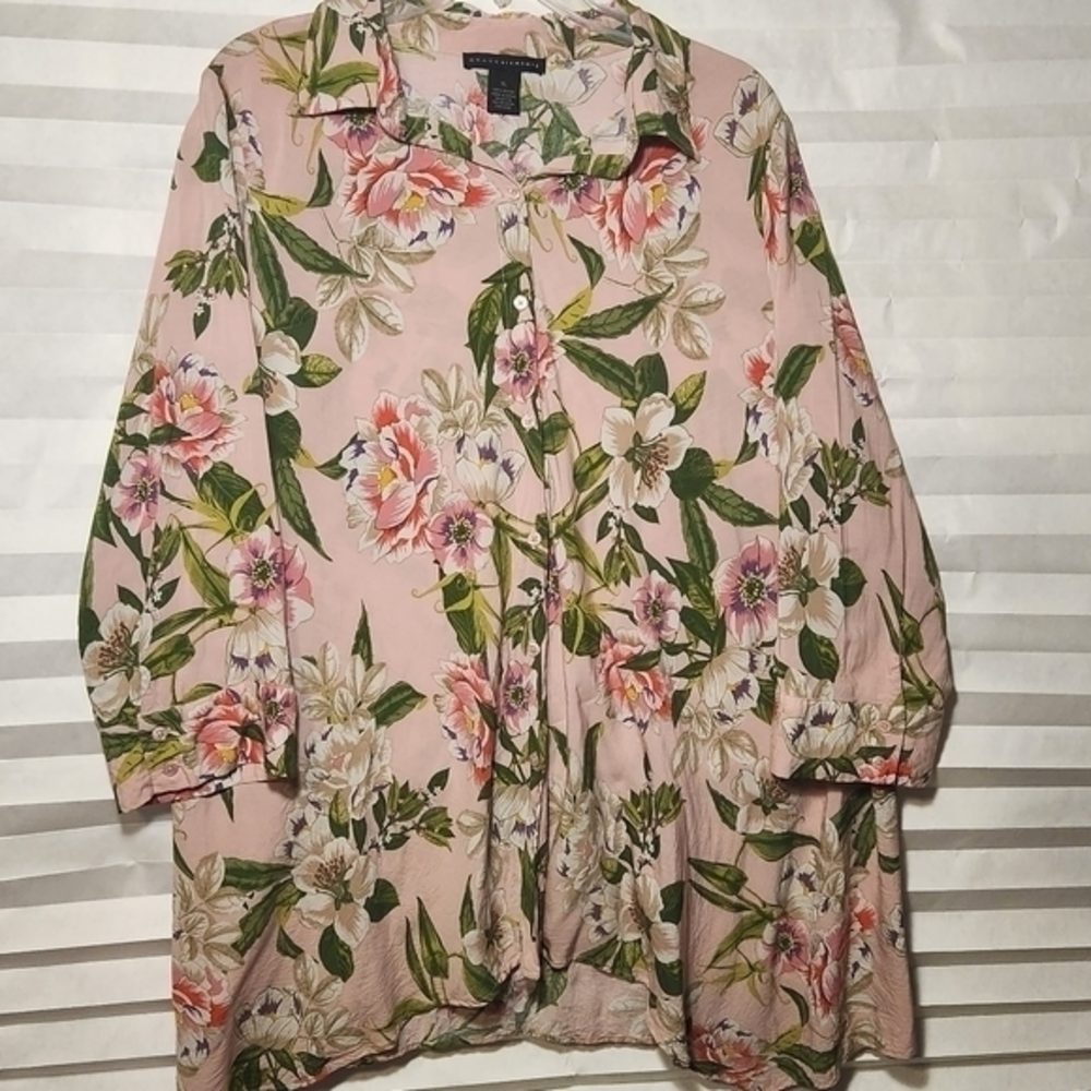 Grace Elements Button Up Collared Floral‎ Blouse Tunic Size XL Asymmetrical